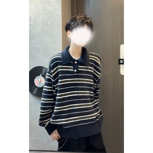 藏青色撞色条纹polo领毛衣女男秋冬季 情侣 复古老钱风仿貂毛针织衫