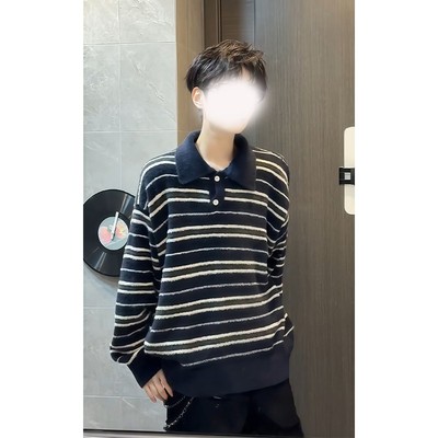 条纹polo领毛衣女男毛针织衫情侣