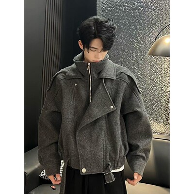 假两件短款毛呢外套男帅呢子夹克
