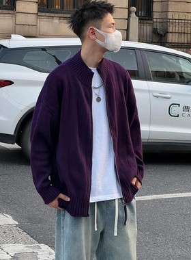 紫色上衣高级感立领开衫毛衣外套男春秋新款潮牌慵懒风针织衫外套