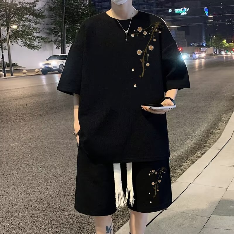 新中式华夫格休闲运动套装男夏季
