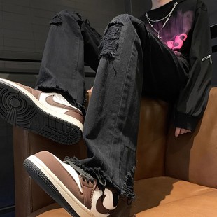 痞帅微喇长裤 潮牌vibe美式 男高街设计感小众直筒裤 黑色破洞牛仔裤