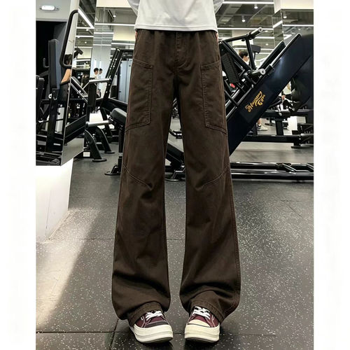 咖啡色美式弯刀工装裤男款冬季