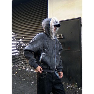 美式 潮牌boxy加绒加厚廓形连帽夹克 复古仿兔毛座山雕棉服男女冬季