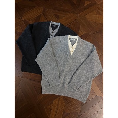 假两件v领毛衣男款秋冬季针织衫