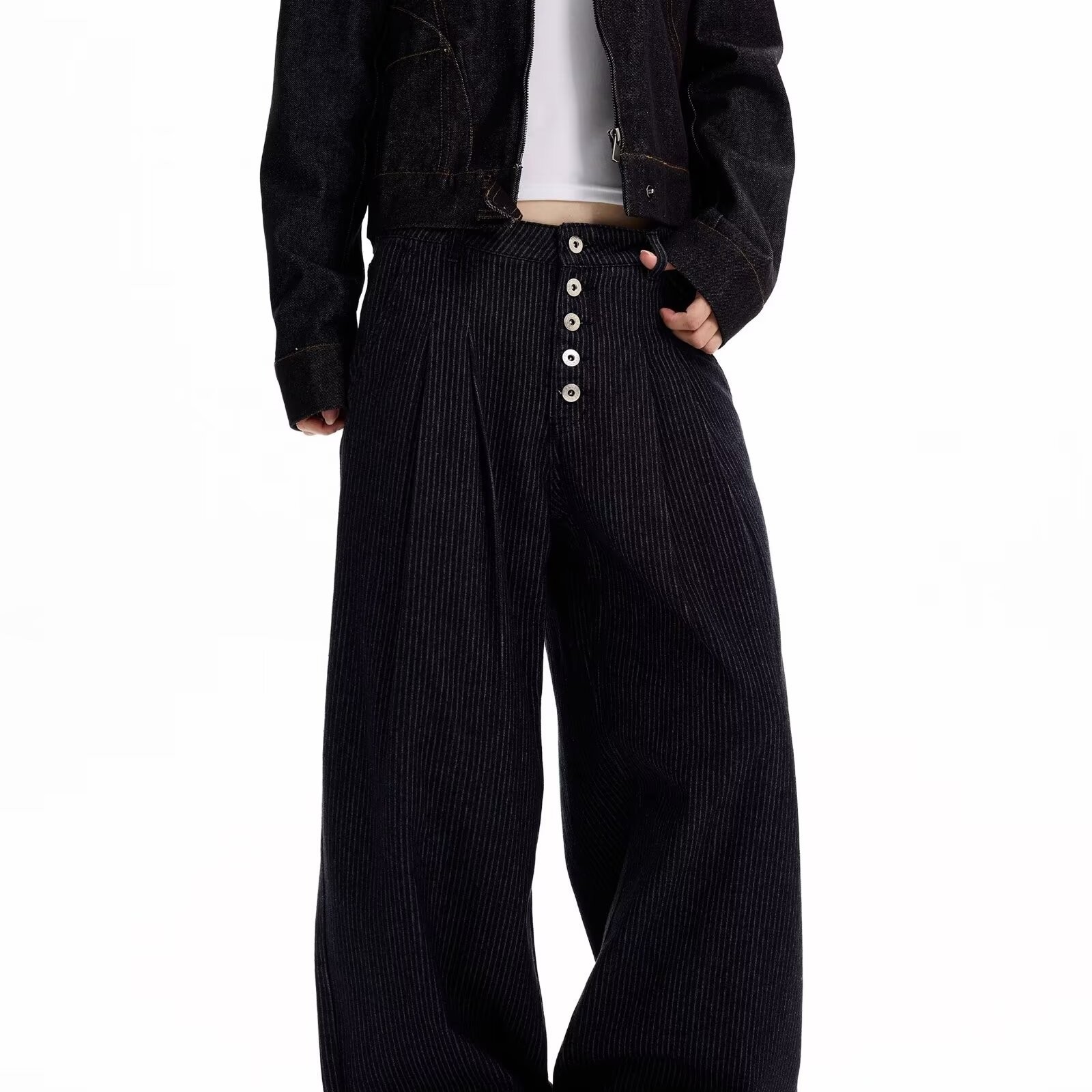 褶皱条纹牛仔西裤男女阔腿直筒裤