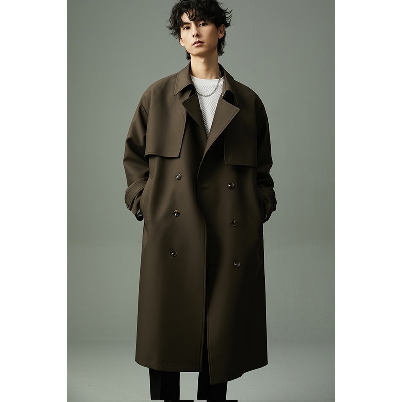 设计感双碟片长款风衣男士过膝双排扣宽松上衣高级感系带工装外套