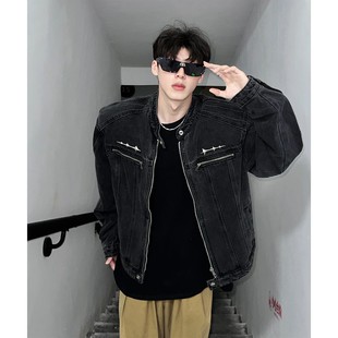 高级感痞帅潮牌立领水洗牛仔衣夹克 重磅美式 短款 垫肩牛仔外套男装