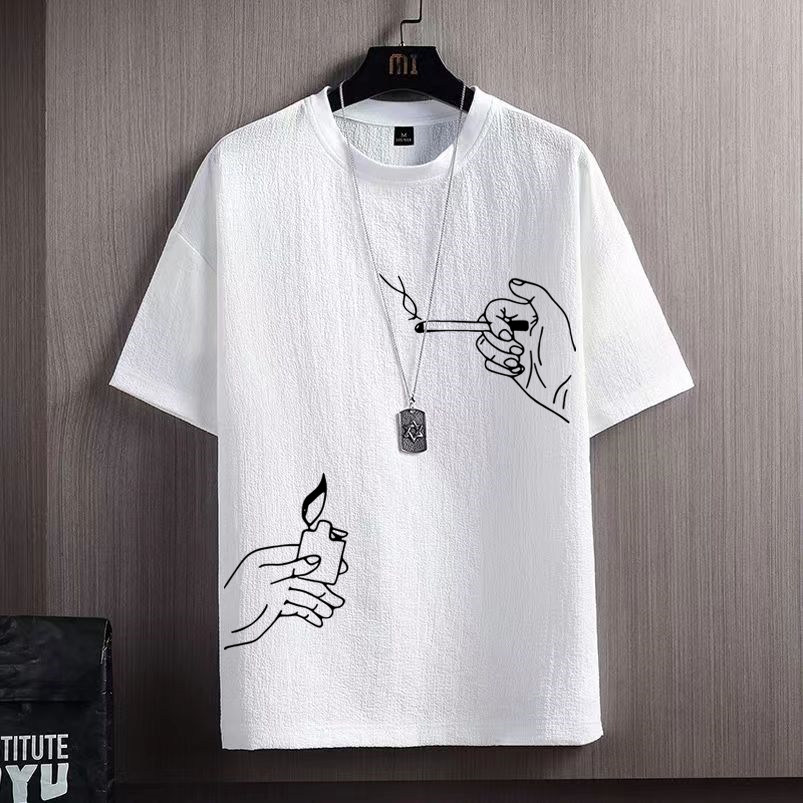 短袖T恤男夏装休闲百搭白色圆领冰丝大码高级感轻奢青年半袖上衣