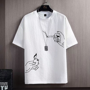 高级感轻奢青年半袖 休闲百搭白色圆领冰丝大码 上衣 T恤男夏装 短袖