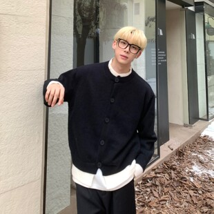 加厚针织衫 毛衣男宽松休闲百搭情侣秋冬季 外套 假两件撞色开衫 美式