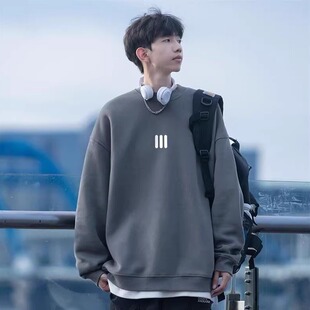港风复古圆领卫衣男女款春秋季新款潮牌长袖T恤oversize重磅上衣
