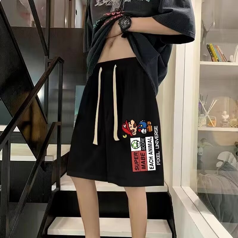 马里奥华夫格短裤男夏季休闲加大码宽松中裤美式潮牌重磅五分裤子
