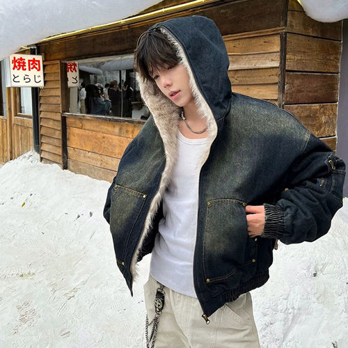毛领连帽牛仔棉服座山雕外套男款