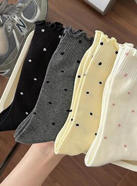 木耳边波点堆堆袜子女中筒袜ins潮棉袜春秋日系芭蕾风夏季长袜