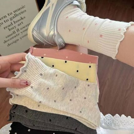 木耳边波点堆堆袜子女纯中筒袜ins 潮春秋棉底日系芭蕾风夏季长袜