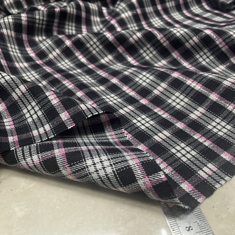 黑白粉织银丝涤棉格子布料 春夏服装原创衬衫裙子手工DIY设计面料