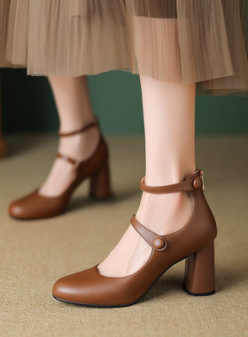 真皮棕色米白色粗跟法式中跟玛丽珍鞋女春秋高跟职业浅口单鞋SLLM