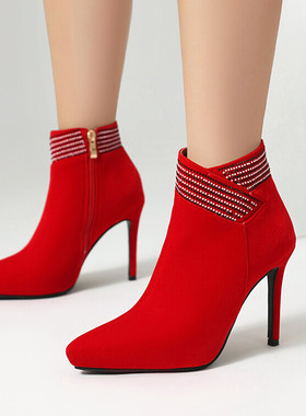 秋冬短筒尖头细跟高跟短靴女红色靴子婚鞋新娘鞋绒面大码女靴ZXG