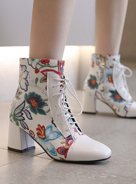 欧美外贸花色粗跟高跟短靴女系带粉红色白色红色天蓝色大码靴 JSS