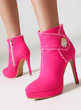 玫红色靴子欧美外贸时尚百搭性感秋冬短靴高跟蓝色牛仔布大码 ZXG