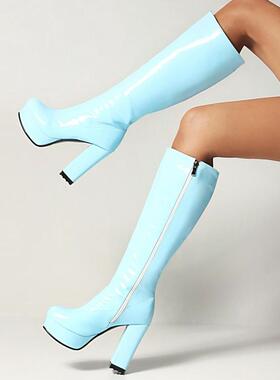 漆皮亮皮防水台粗跟高跟高筒女白色天蓝色白色黄色靴子大码鞋 ZM