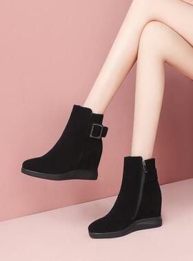 鞋子磨砂皮真皮靴子女厚底内增高高跟短筒秋冬女鞋薄款单靴 XTSG