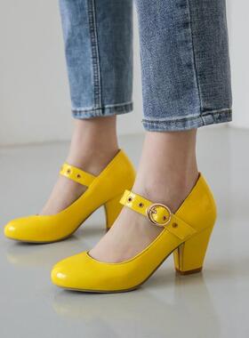 鞋女亮皮粉色米色蓝色黄色红色女鞋粗跟高跟单鞋大码鞋小码鞋 MSZ