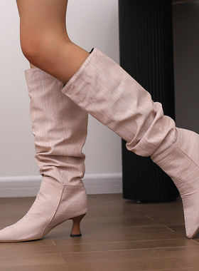 欧美中筒尖头堆堆靴高筒女灰色棕色蓝色米白色粉红色靴子大码 LJC