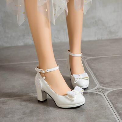 春秋粉色蝴蝶结圆头小码高跟单鞋