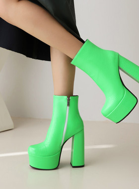 白色荧光绿靴子防水台粗跟高跟短靴女厚底欧美性感短筒大码靴 ZM
