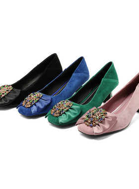 蓝色绿色粉红色法式蝴蝶结细跟单鞋女羊翻皮中跟真皮瓢鞋大码 TYH