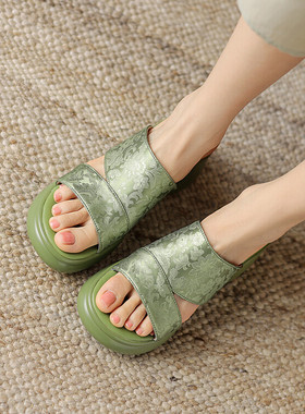 国风复古杏色绿色粗跟真皮凉拖鞋2024年夏季高跟厚底全皮真皮MYT