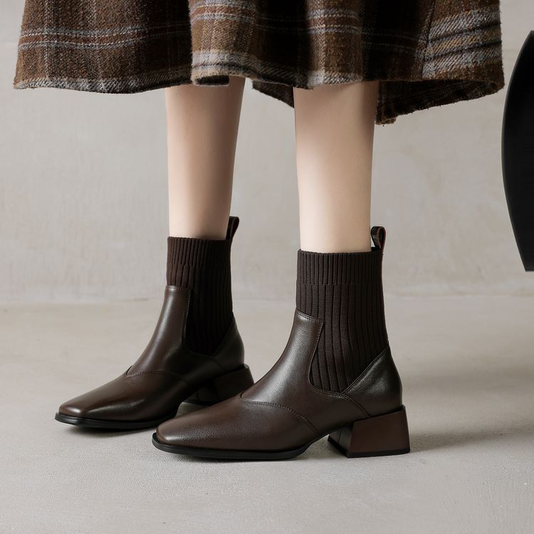 4厘米跟皮靴粗跟鞋中跟短靴女弹力瘦瘦靴棕色靴子牛皮真皮女靴DYK