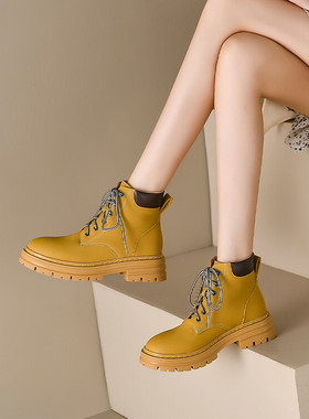 秋冬棕黄色靴子厚底马丁靴休闲短靴学生鞋平底短筒女大码女靴 YM