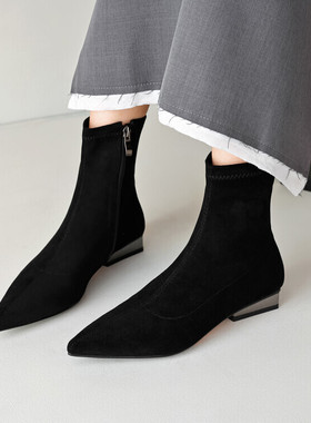 秋冬鞋短筒皮靴尖头平底低跟短靴女磨砂绒面灰色靴子大码女靴KTH