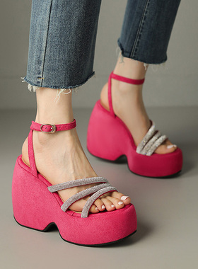 夏季橘色杏色红色桔色黄色圆头厚底高跟坡跟凉鞋女大码小码鞋 AMY