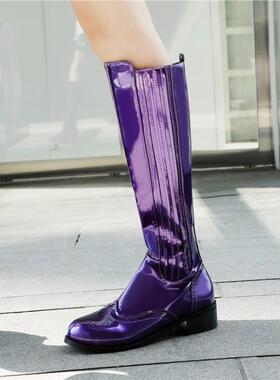 靴女女鞋女靴黄色紫色骑士靴圆头厚底粗跟大码马靴小码靴  htm