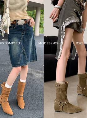 杏色棕色军绿色靴子内增高中跟中筒女磨砂皮真皮女靴坡跟单靴LLLK