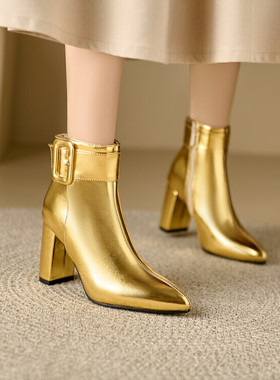 秋冬季皮靴外贸粗跟高跟短靴女金色银色靴子舞台表演大码女靴PCSA