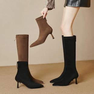 秋冬鞋淑女职业绒面春秋单鞋尖头细高跟短靴女弹力瘦瘦靴高筒靴SQ