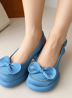 蝴蝶结杏色米白色绿色蓝色圆头包头粗跟高跟凉鞋女大码小码鞋 JYX