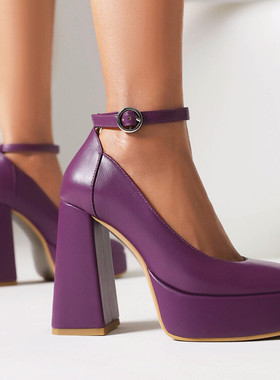 欧美方头防水台粗跟超高跟单鞋女米白色紫色舞台走秀大码女鞋 CH