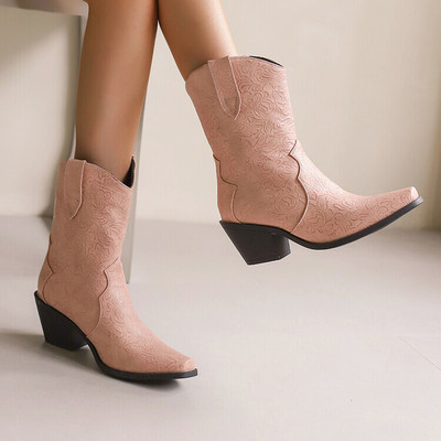 国风皮靴西部靴粗跟高跟短靴女棕色蓝色藕粉色黄色靴子大码鞋JYX