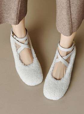 秋冬学生鞋乖乖鞋圆头内增高毛绒浅口单鞋毛毛鞋棕色白色鞋子SLLM