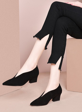 春秋尖头粗跟中跟单鞋女羊反绒真皮鞋灰色蓝色工作鞋大码女鞋 EXM