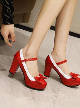 鞋女紫色黄色浅绿色黄色粉红色高跟单鞋女蝴蝶结大码小码女鞋 JYX