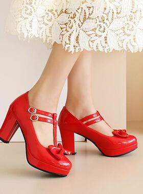 鞋女黄色紫色红色粉色白色蝴蝶结粗跟高跟单鞋女婚鞋大码小码 YJX