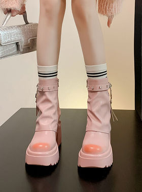 8厘米跟粉红色靴子秋冬季皮靴松糕厚底增高鞋高跟短靴女真皮靴 MZ