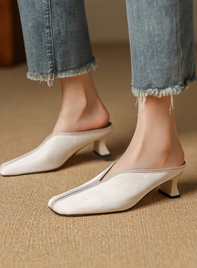 外穿夏季方头包头拖鞋女米白色绿色半拖鞋复古国风全皮真皮女鞋YH